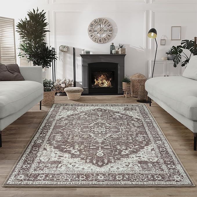 Bloom Rugs Washable Non-Slip 6' x 9' Rug - Dark Brown Traditional Medallion Area Rug for Living Room, Bedroom, Dining Room, and Kitchen - Exact Size: 6' x 9'