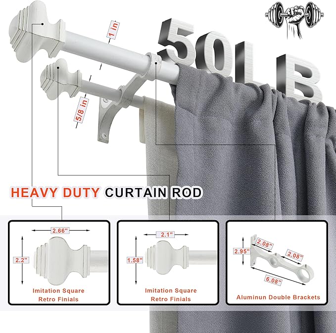 Double Curtain Rods for Windows 72 to 144 Inches, Heavy Duty Double Curtain Rod with Square Retro Finials and Double Aluminum Bracket, Adjustable Double Rod for Curtains,Antique White