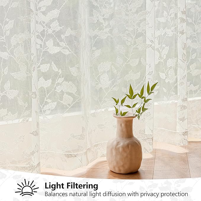 Ivory Lace Sheer Curtains 63 Inch Length – Vintage Leaves Pattern Lace for Living Room/Bedroom, Light Filtering Rod Pocket Drapes, Privacy Chic Window Treatments, 52W x 63L Inch, 2 Panels