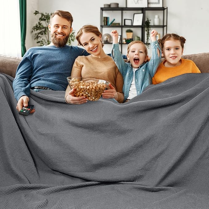 PHF Pre-Washed Cotton Waffle Weave Family Blanket,Oversized King Size 120"x 120"-Snag Proof Lightweight Breathable, 10'x 10' Huge Extra Large Big-Elegant Aesthetic Home Decoration Gift,Charcoal