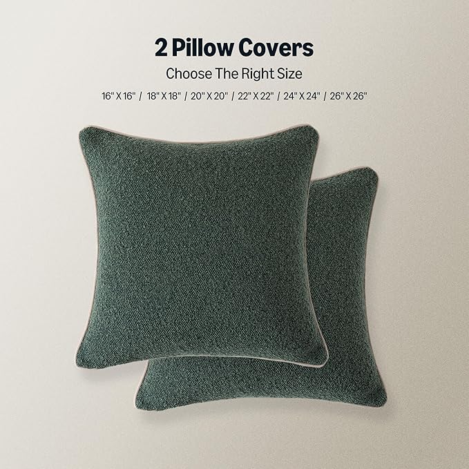 Amazon Basics Boucle Throw Pillow Covers for Couch, Living Room, Home Decor with Hidden Zipper, Green, 18×18in, Pack of 2