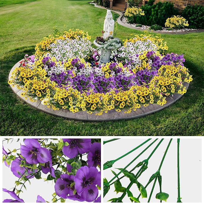 Artificial Fake Pansy Flowers for Outdoor, Faux Silk Pansies Spring Flowers for Outside for Planter Front Door Porch Yard Patio Window Box Home Decor (18, Purple, Yellow, White)