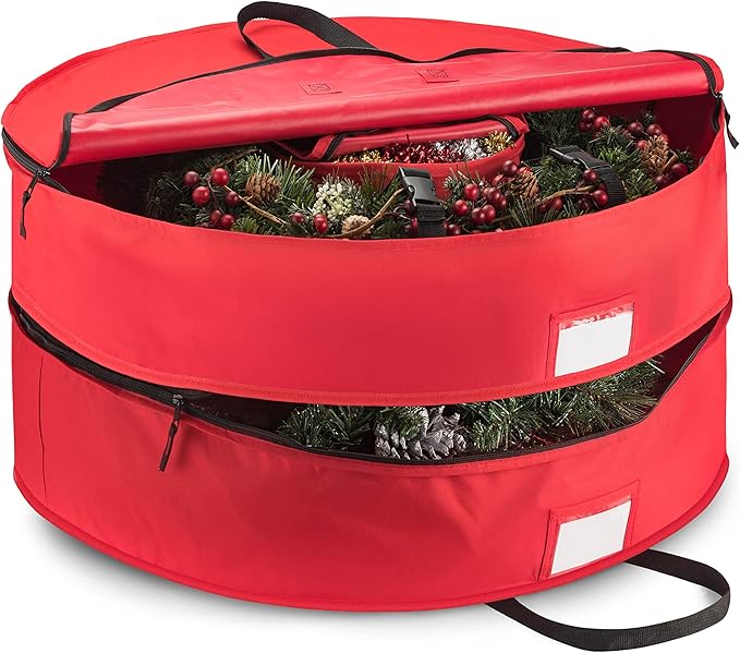 ZOBER Christmas Wreath Storage Container 30 Inch - Wreath Bag Fits 2 Wreaths Box - 600D Oxford Fabric - Interior Compartment for Storing Garlands, Wreaths Storage Bag W Strong Durable Handles - Red