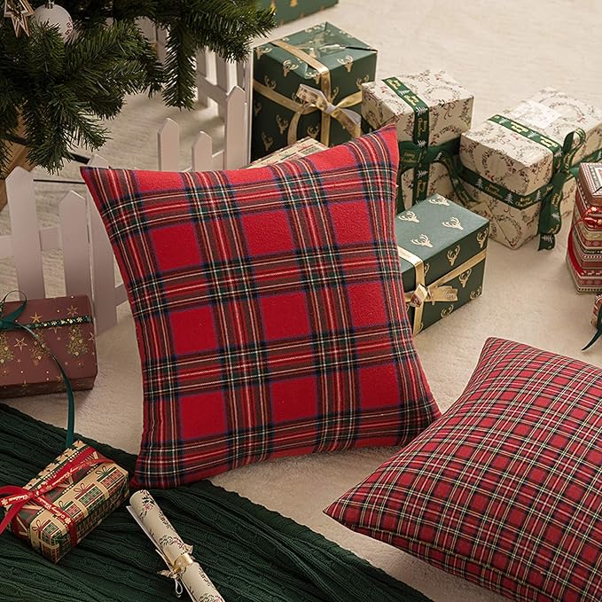 AQOTHES Pack of 2 Christmas Plaid Decorative Throw Pillow Covers Scottish Tartan Cushion Case for Farmhouse Home Holiday Decor Red and Green, 16 x 16 Inches