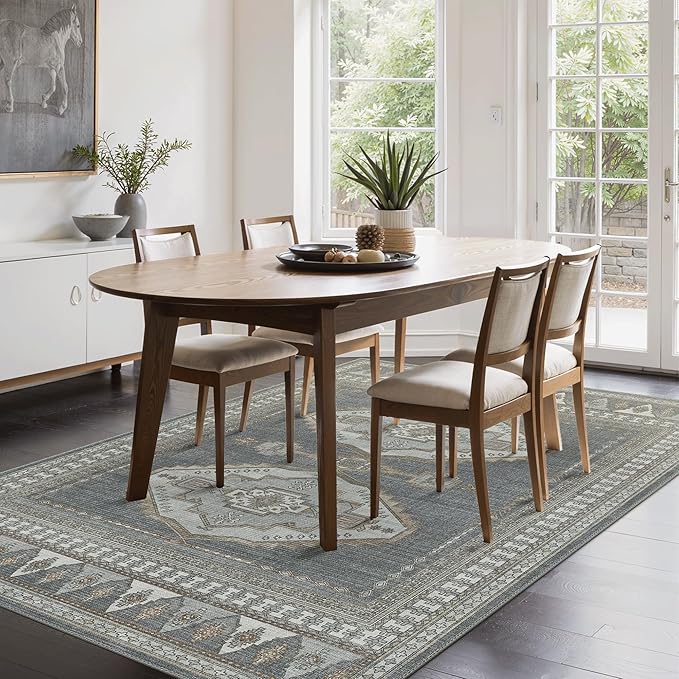 GENIMO Machine Washable 9x12 Area Rugs for Living Room, Non Slip Vintage Rugs, Low Pile Lightweight Chenille Print Rug for Bedroom, Dining Room, Home Office, Gray/Beige