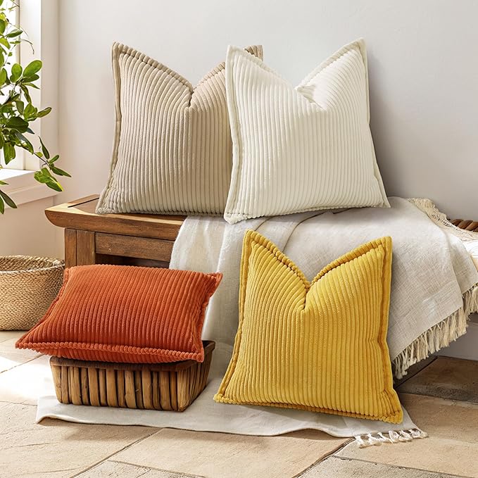 decorUhome Christmas Corduroy Cream White Throw Pillow Covers 12x20 Set of 2 Decorative Soft Boho Farmhouse Lumbar Euro Couch Pillow Covers for Living Room Bed Sofa Broadside Striped Pillow Cases