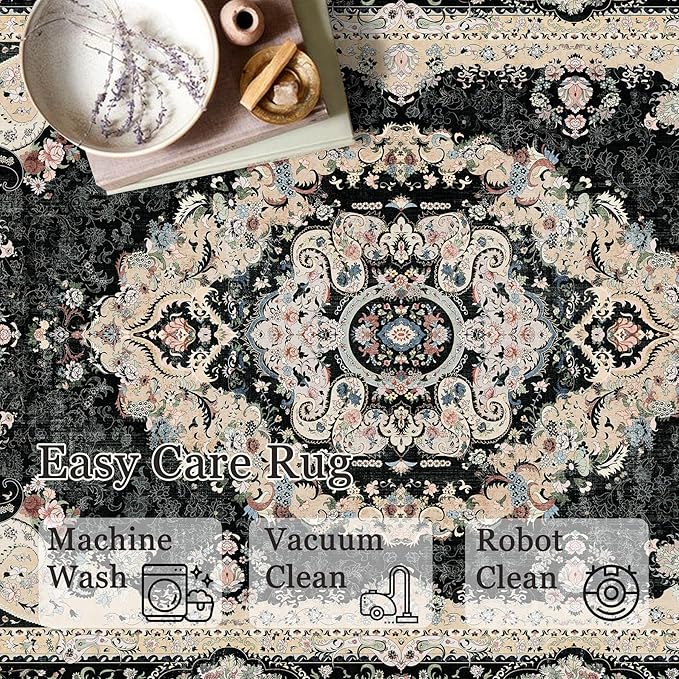 Washable Runner Rug 2x6,Black Rug Runners Non Slip,Long Boho Rugs for Hallways Kitchen Bedroom Entryway Living Room Bathroom,Vintage Bohemian Distressed Floor Carpet,Floral