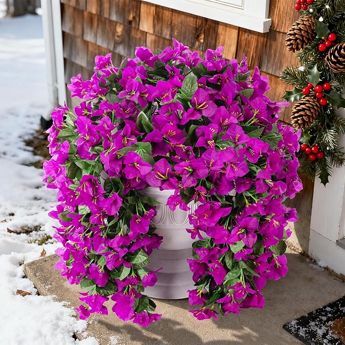 Faux Bougainvillea Artificial Flowers Plants for Outdoors Outside Decoration, 2 pcs Purple Fake Flowers UV Resistant Look Real Silk Long Trailing Vines for Front Door Porch Planter Urn Patio Garden