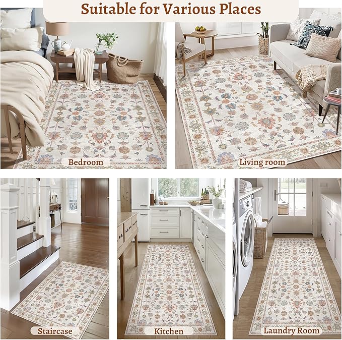 Tangsoo Washable Area Rug, 4x6 Pottery Barn Neutral Floral Rugs for Bedroom Living Room, Vintage Boho Non Slip Low Pile Beige Carpet for Farmhouse Nursery Office Laundry, Pet & Child Friendly
