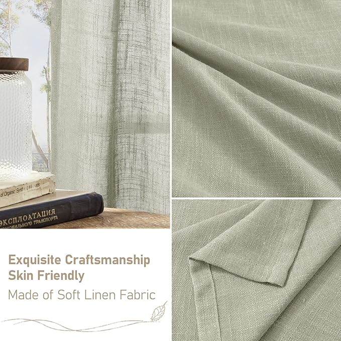 LAMIT 40 Inch Length Linen Curtains for Small Windows, Semi Sheer Light Filtering Panels Back Tab and Rod Pocket Neutral Drapes for Basement/Window/Loft Room, Sage Grey, 2 Panels, 34 x 40 Inch
