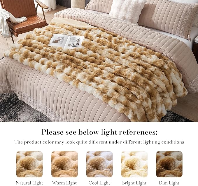 Amélie Home Faux Fur Throw Blanket, Ultra Soft Fuzzy Plush Bubble Blanket for Couch, Bed & Living Room, 60"x80", Tie-dye Khaki