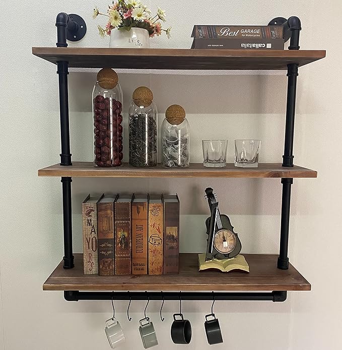 ROGMARS Industrial Floating Pipe Wall Shelves with Towel Rack,30 in Industrial Pipe Shelving Rustic Wine Hanging Display Rack Storage Shelve Wall Mounted for Living Room,Bathroom,Kitchen