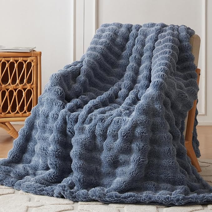 COOVA Faux Fur Throw Blanket for Couch, Cozy Soft and Fuzzy Plush Rabbit Fur Bubble Blanket for Sofa Bedroom Living Room, 60x80 Inches Cationic Dark Blue