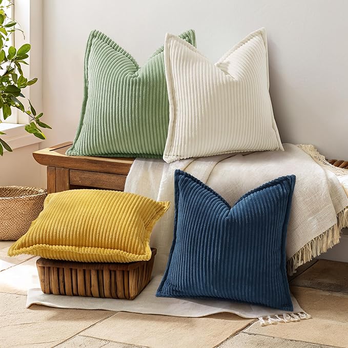 decorUhome Corduroy Navy Blue Throw Pillow Covers 16x16 Set of 2 Decorative Soft Boho Farmhouse Euro Couch Pillow Covers for Living Room Bed Sofa Broadside Striped Pillow Cases
