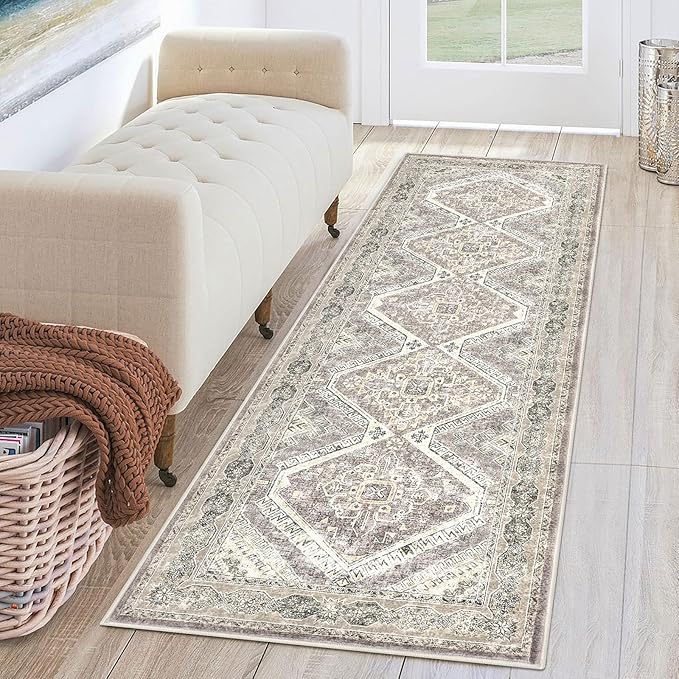 KUTA Oriental Washable Runner Rug, 2x6 Non-Slip Vintage Ivory Grey Yellow Brown Hallway Kitchen Runners Ultra Soft Printed Distressed Tribal Floor Carpet Rugs for Laundry Bedroom Living Room