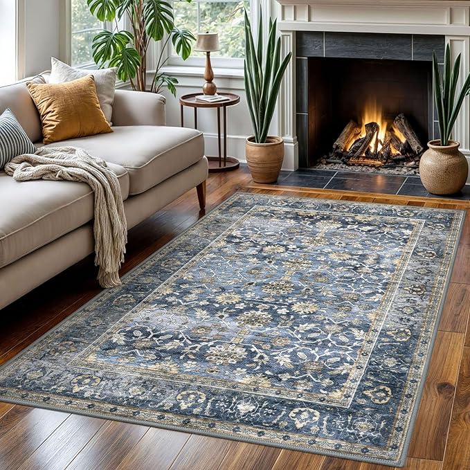 KUTA Vintage Area Rug 4x6 Washable Rug Blue Grey Beige Traditional Floor Cover Foldable Ultra Thin Soft Retro Accent Indoor Distressed Non Slip Carpet Floral Print Mat Bedroom Living Room Dorm Office