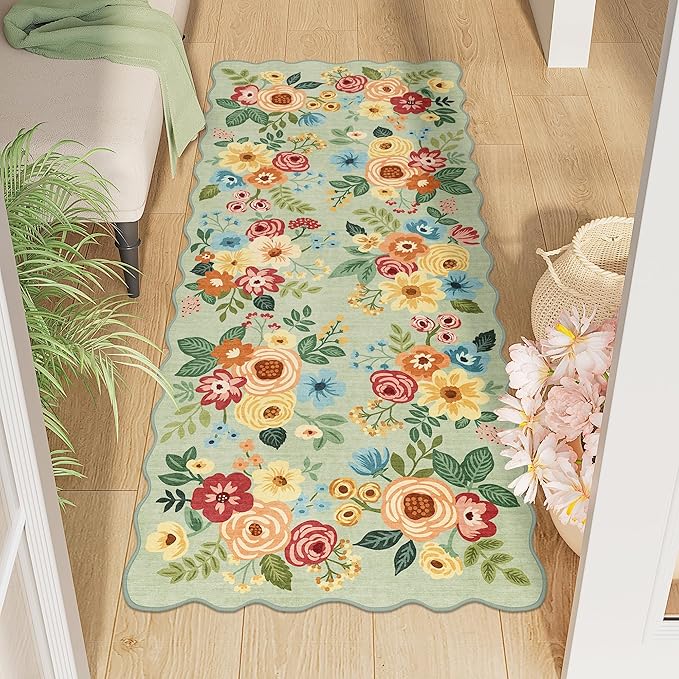 DUKINO 2x5 Washable Runner Rugs, Non Slip Floral Print Entryway Rug with Soft Low Pile, Lightweight Mat for Living Room, Bathroom, Bedroom, Kitchen, Green