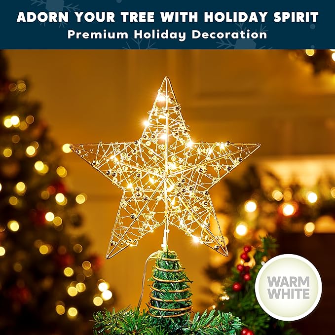 JOIEDOMI 9.5inch Metal Beaded Christmas Star Tree Topper, 20LED Warm White Lights Golden Tree Topper, USB Powered Remote Control for Christmas Tree Decorations Home Holiday Party Indoor Decor