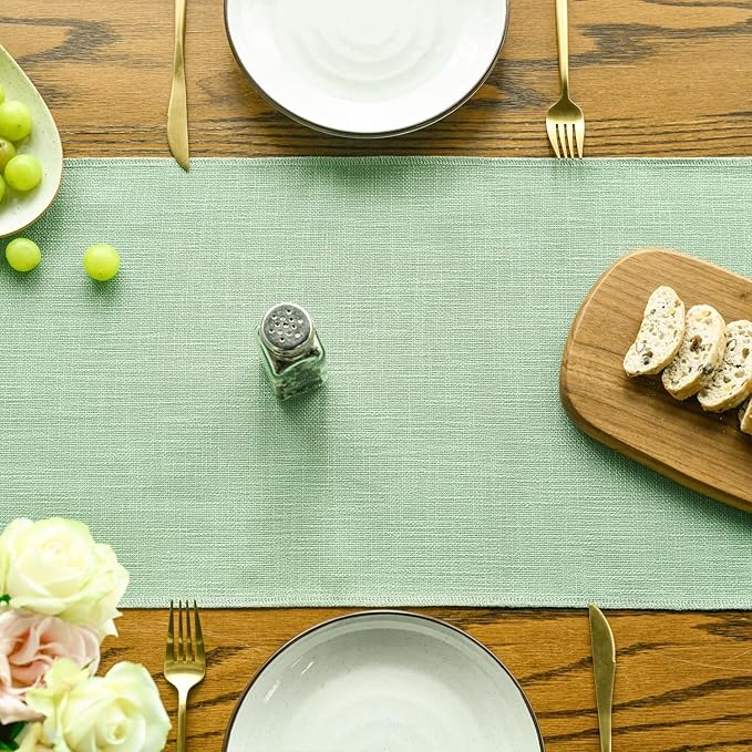 Artoid Mode Sage Green Tassel Table Runner, Spring Linen Blend Kitchen Table Decoration Holiday Wedding Birthday Party Dinning Decor 13x90 Inch