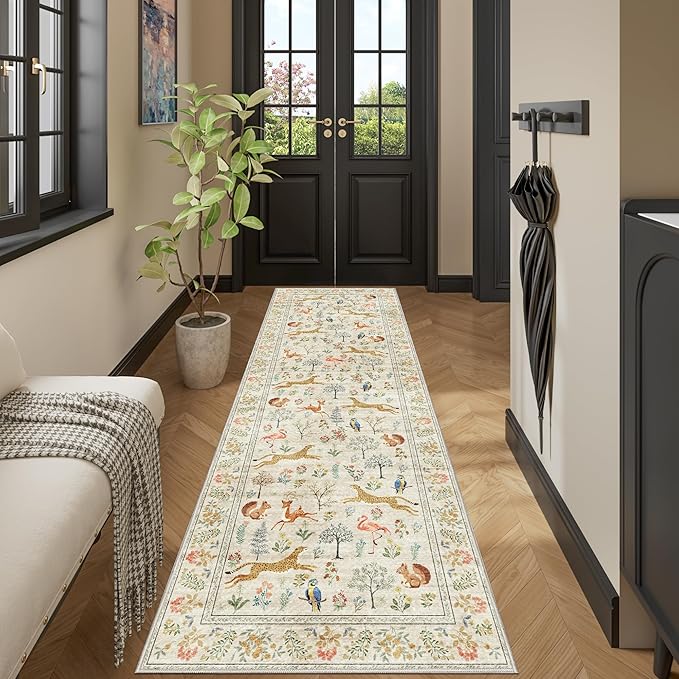 DUKINO 2x6 Rug for Hallway, Washable Kitchen Runner Rug with Non Slip Backing, Soft Low Pile Vintage Animal Runner for Bedroom, Kitchen, Hallway, Entryway, Laundry, Beige
