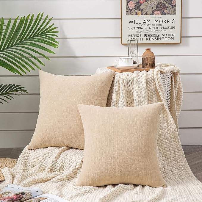 GAWAMAY Decorative Chenille Throw Pillow Covers 24x24 Inch Pack of 2, Soft Square Couch Pillow Cover for Sofa Cushion Living Room Bedroom Solid Dyed Pillowcases Beige 60x60cm (ONLY Covers)