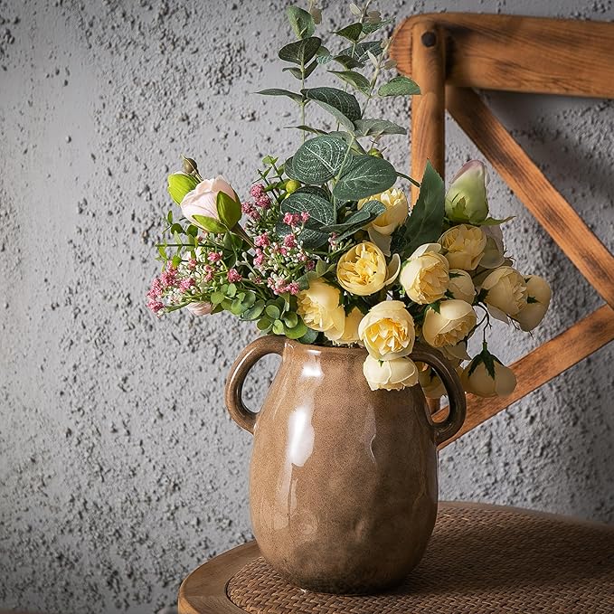Kimdio Brown Ceramic Vase with 2 Handles, Modern Farmhouse Vases for Home Decor, Vintage Rustic Pottery Vase, Decorative Terracotta Vases, Clay Jug for Living Room Dining Table Shelf