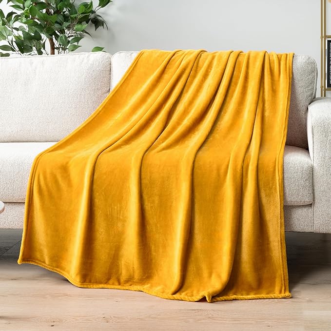 PAVILIA Mustard Yellow Fleece Bed Blanket Queen Size, Gold Super Soft Fuzzy Flannel Throw for Couch Sofa, Luxury Plush Microfiber Large Throw Blanket Queen Bed, Home Cozy Velvet Gift Blanket, 90x90