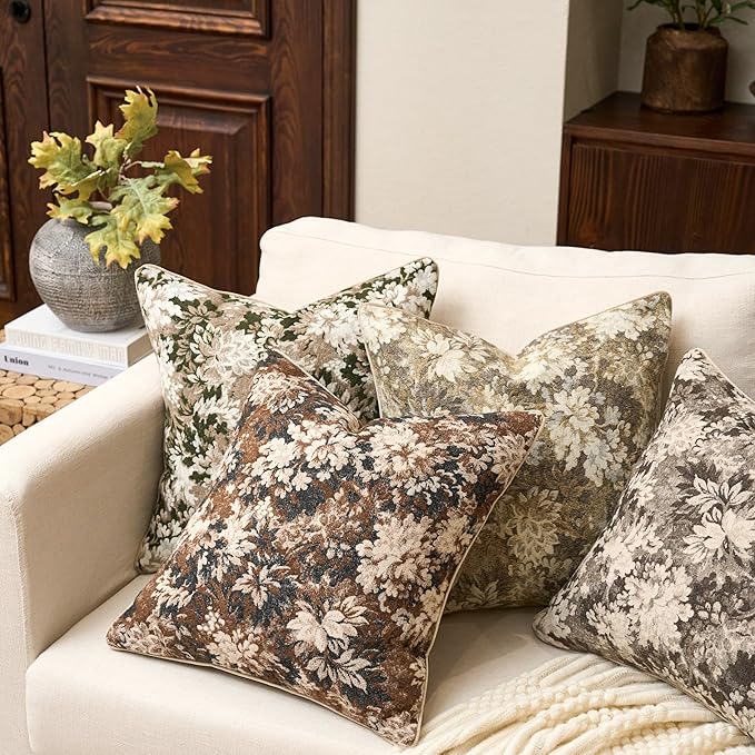 Yangest Neutral Floral Pillow Cover 12 x 20 Inches, Vintage Chenille Rectangle Throw Pillow Cover Soft Decorative Farmhouse Accent Couch Pillow Cover for Living Room Bedroom, Grey