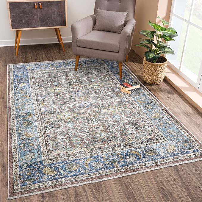 Bloom Rugs Caria Washable Non-Slip 4x6 Rug - Blue/Red Brown Traditional Area Rug for Living Room, Bedroom, Dining Room, and Kitchen - Exact Size: 4' x 6'