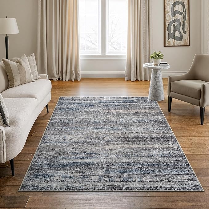 Bloom Rugs Washable Non-Slip 4' x 6' Rug - Gray/Blue/Blush Modern Abstract Area Rug for Living Room, Bedroom, Dining Room, and Kitchen - Exact Size: 4' x 6'