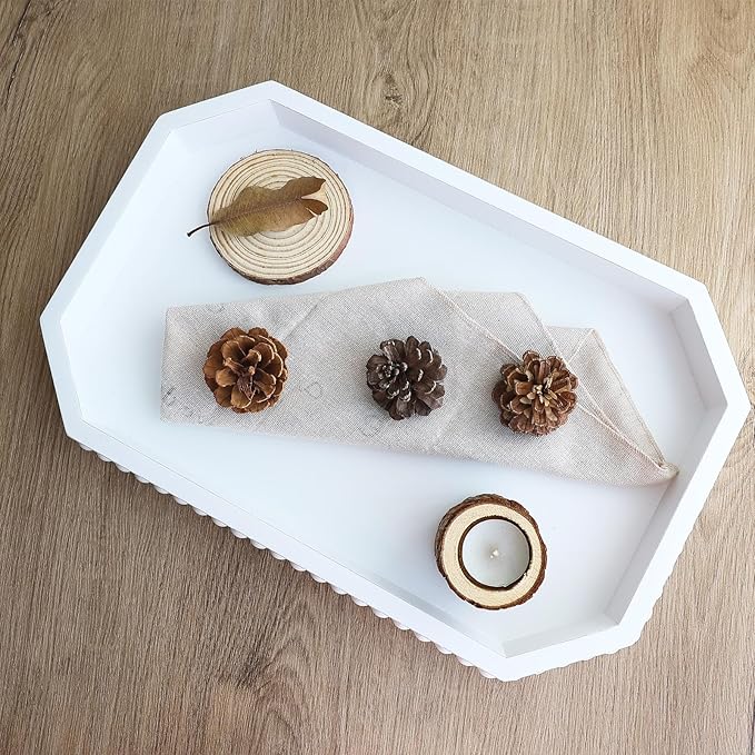 White Wood Serving Tray with Beads, Farmhouse Decorative Tray for Table Centerpiece, Christmas Wedding Halloween Home Decor