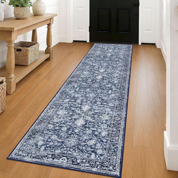 KILOCOCO Hallway Runner 2x8 Rug Runner Printed Vintage Floral Washable Kitchen Runners Non-Slip Rubber Backed Runners for Hallways Laundry Room Distressed Boho Rugs for Entryway Bedroom, Blue