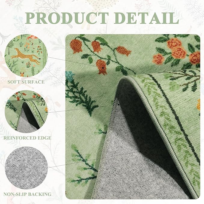 DUKINO 2.6x8 Rug for Hallway, Washable Kitchen Runner Rug with Non Slip Backing, Soft Low Pile Vintage Animal Runner for Bedroom, Kitchen, Hallway, Entryway, Laundry, Light Green