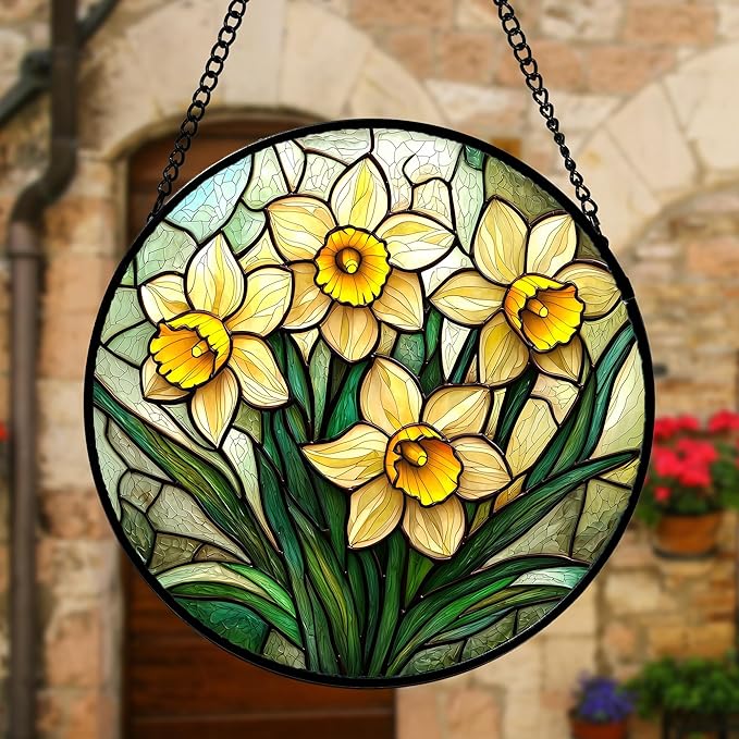 Stained Glass Window Hanging, Daffodil Plant Flowers Sun Catchers Diamond Glass Panel Hangings Suncatcher Decor for Birthday for Women, Men, Wife, Aunt, and Mom 11.8x11.8 in