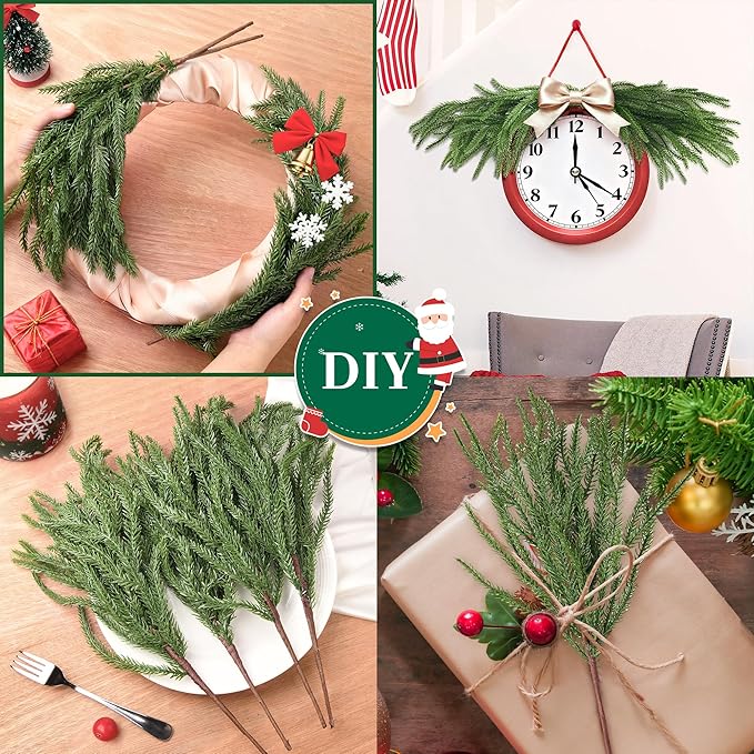 10 Pcs Christmas Norfolk Pine Stems Artificial Pine Branches, 16“ Real Touch Fake Christmas Greenery Stems, Faux Cedar Branches Picks for Vase DIY Crafts Garland Wreath Xmas Indoor Outdoor Home Decor