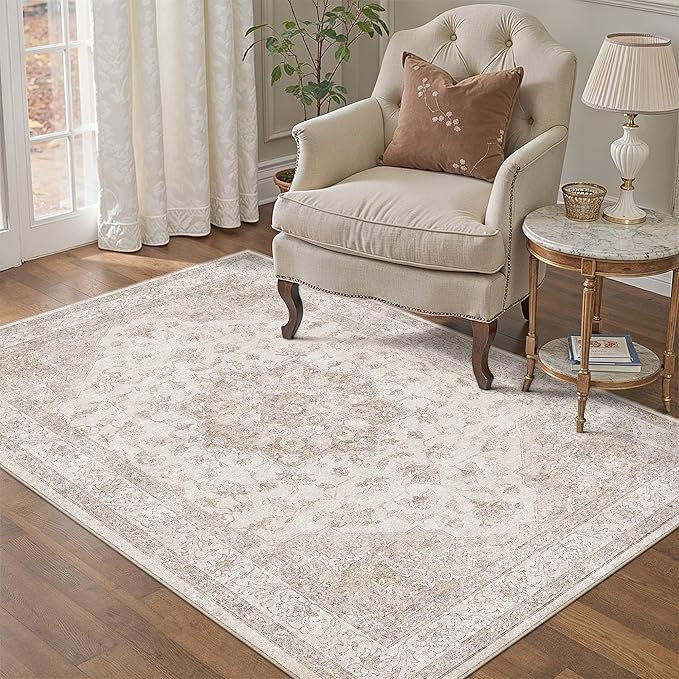 Beige Area Rug 3x5 Washable Vintage Carpet for Entryway Office Soft Retro Kitchen Low Pile Thin Door Mat Non Slip Oriental Medallion Throw Rug for Bathroom Bedroom Dining Living Room