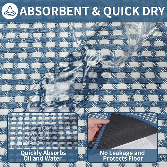 Kitchen Mats for Floor, Super Absorbent Kitchen Rugs Non Slip Washable, Rubber Backing Soft Chenille Braided Kitchen Runner Rug Standing Mat Sink Mat, Easy to Clean, Blue 17"x30"