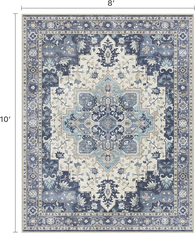 8x10 Area Rugs for Living Room, Machine Washable Non Slip Vintage Rugs, Low Pile Lightweight Print Rug for Bedroom, Dining Room, Home Office,Center Blue