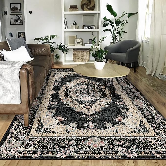 5x7 Area Rugs Washable,Black Rug for Living Room Bedroom Kitchen,Large Boho Vintage Bohemian Distressed Carpet Non Slip,Floral