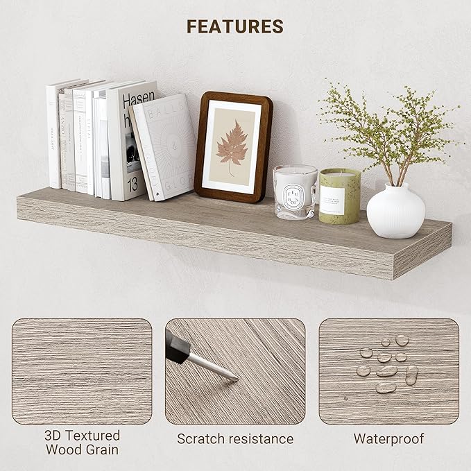 16 Inch Floating Shelves, 3D Textured Wood Grain, 16"x9.25"x1.5" Inch Deep Floating Shelves for Wall, Wooden Shelves for Bathroom, Bedroom, Living Room, Vintage Gray Oak, 2 Pieces