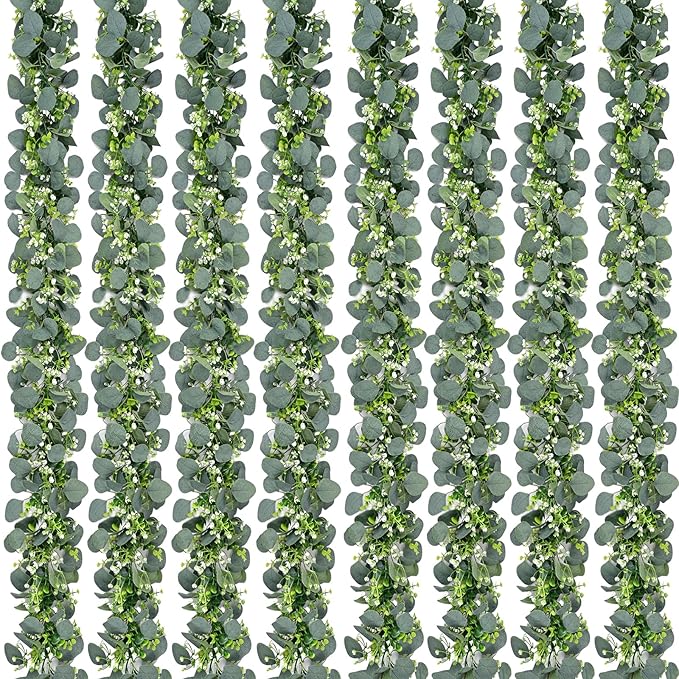 Waipfaru 8Pcs Eucalyptus Garland, 5.9FT Greenery Garland, Green Garland with Flowers, Artificial Faux Silver Dollar Eucalyptus Leaves Vines for Table Home Wedding Mantle Party Indoor Outdoor Decor