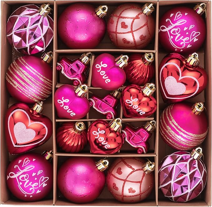 DecorbyHannah Valentines Day Christmas Tree Ornaments Decorations, 21ct Pink Red Heart Shaped Ornaments Set for Tree, Valentine's Day Small Shatterproof Hanging Ball for Wedding Anniversary Party