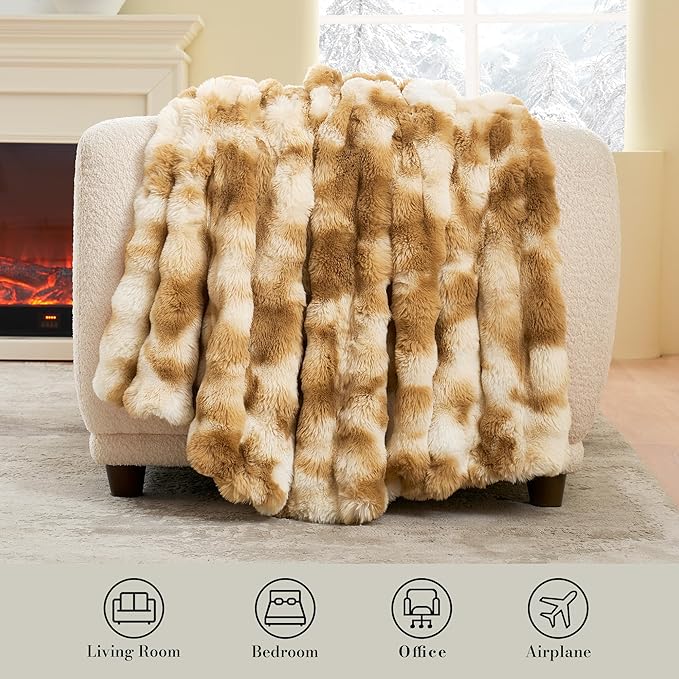 Amélie Home Faux Fur Throw Blanket, Ultra Soft Fuzzy Plush Bubble Blanket for Couch, Bed & Living Room, 60"x80", Tie-dye Khaki