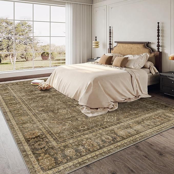 HelloTree Washable Rugs 9x12 Area Rug for Living Room, Vintage Boho Brown Rug Non Slip Carpet Retro Accent Indoor Mat Print Distressed Low Pile Throw Large Rug for Office Dining Room Bedside-Brown