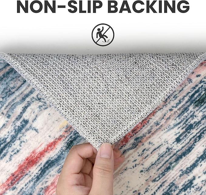 2x5 Modern Abstract Runner Rug for Hallway, Teal Blue Peach Gray Multi Super Soft Hallways Decor Kitchen Rugs with Non-Slip, Non-Shedding Washable Rug for Entryway Bedroom Laundry Indoor