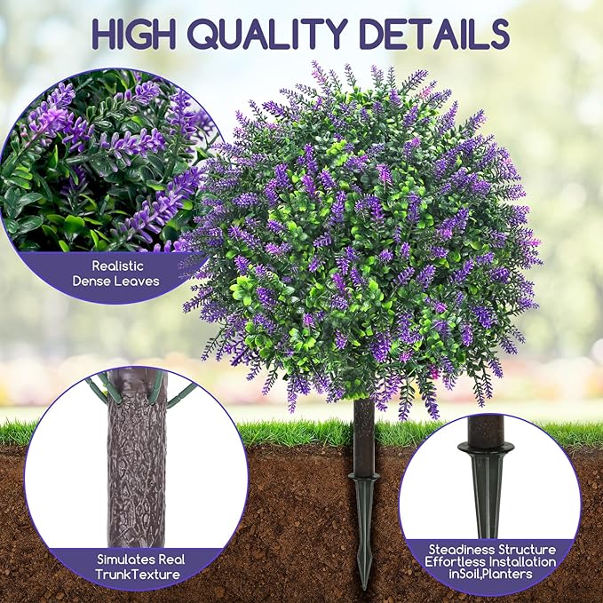 Artificial Lavender Topiary Ball Trees, 2 Set of 20’’ Artificial Shrub Bushes with Ground Spike,UV Resistant Faux Greenery Shrubs,Fake Evergreen Boxwood Plants for Garden, Yard, Porch, Patio Decor
