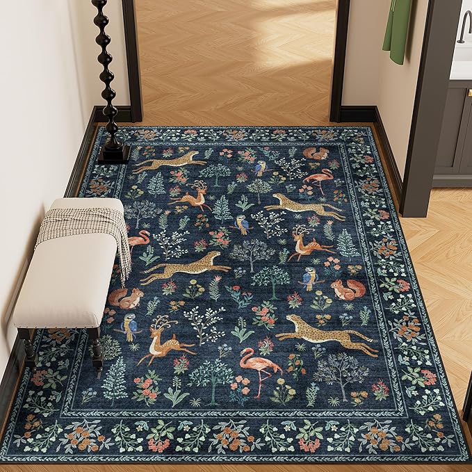 DUKINO 4x6 Rug, Washable Animal Area Rug with Non Slip Vintage Design, Indoor Soft Low Pile Carpet for Bedroom, Nursery, Dining Room, Farmhouse, Playroom, Navy Blue