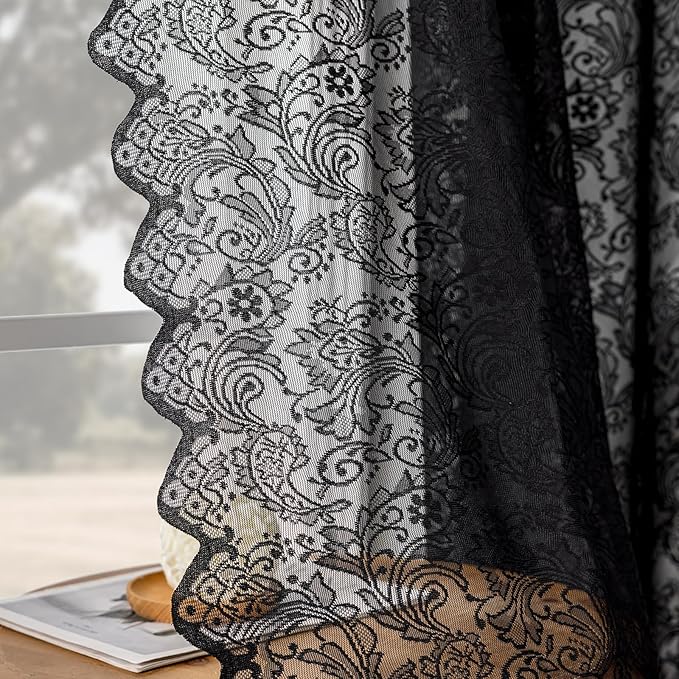 Black Lace Sheer Curtains – Vintage Floral Lace for Bedroom/Living Room, Halloween Curtains Gothic Privacy Light Filtering Rod Pocket Window Drapes, 52W x 96L Inch, 2-Panel Set