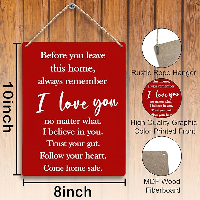 FUGWN Before You Leave This Home Always Remember I Love You Sign Hanging Wooden Signs 8x10, Entryway Wall Decor, I Love You Sign, Love Wall Decor, Inspirational Motivational Wall Decor(Red)