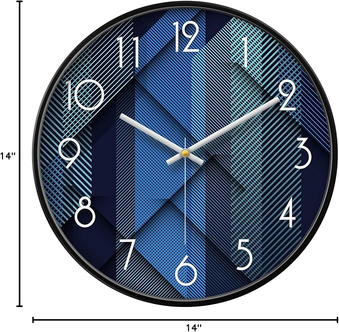 Modern Wall Clocks Battery Operated Blue Wall Analog Silent Clock Large Display Minimalist Round Quiet Non-ticking Cool Unique Wall Clocks for Living Room Bedroom Kitchen Office Bathroom Decor 14inch